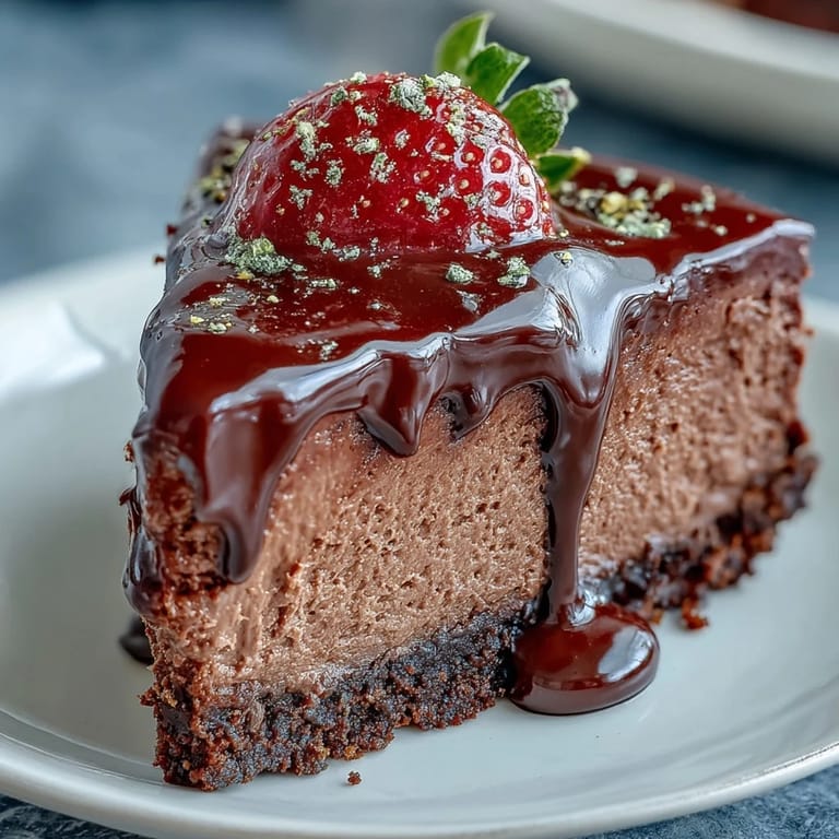 2. Elegant Dubai-inspired cheesecake cups featuring a buttery chocolate crust, smooth cream cheese filling, and juicy strawberry halves, finished with a glossy chocolate drizzle and edible gold leaf.  