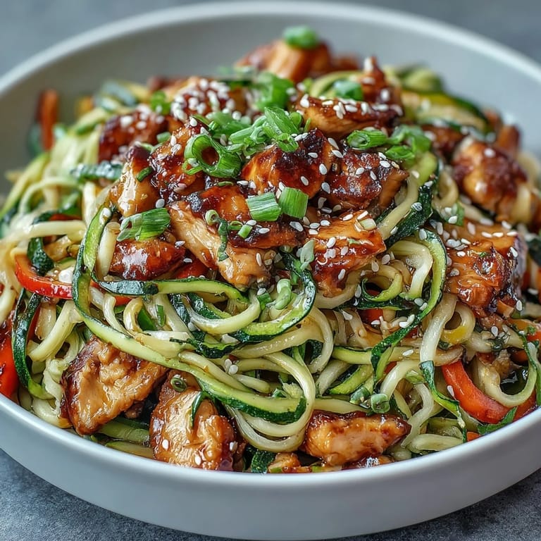 Healthy Easy Zucchini Noodle Stir Fry with Chicken: low-carb dinner featuring juicy chicken breast, crisp zucchini noodles, and crunchy bell peppers in a glossy, flavorful stir fry sauce.