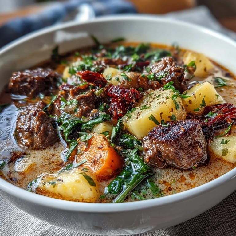 Hearty Shepherds Pie Soup with Ground Beef and Veggies, featuring tender potatoes, mixed vegetables, and savory broth in a rustic pot.  