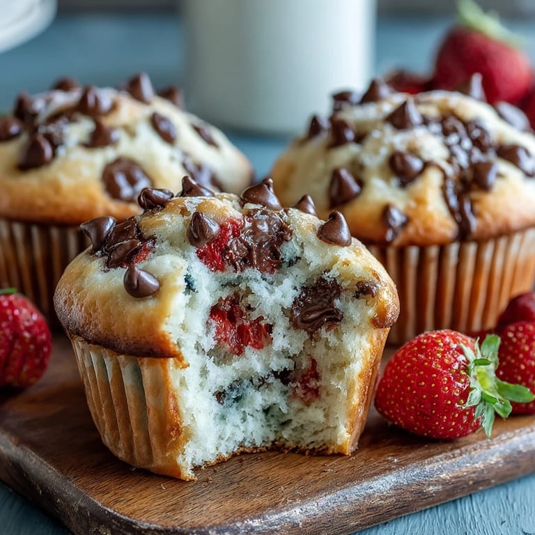 Golden muffins bursting with juicy strawberries and white chocolate chips, tender crumb and irresistible aroma, ideal for brunch or snacks.