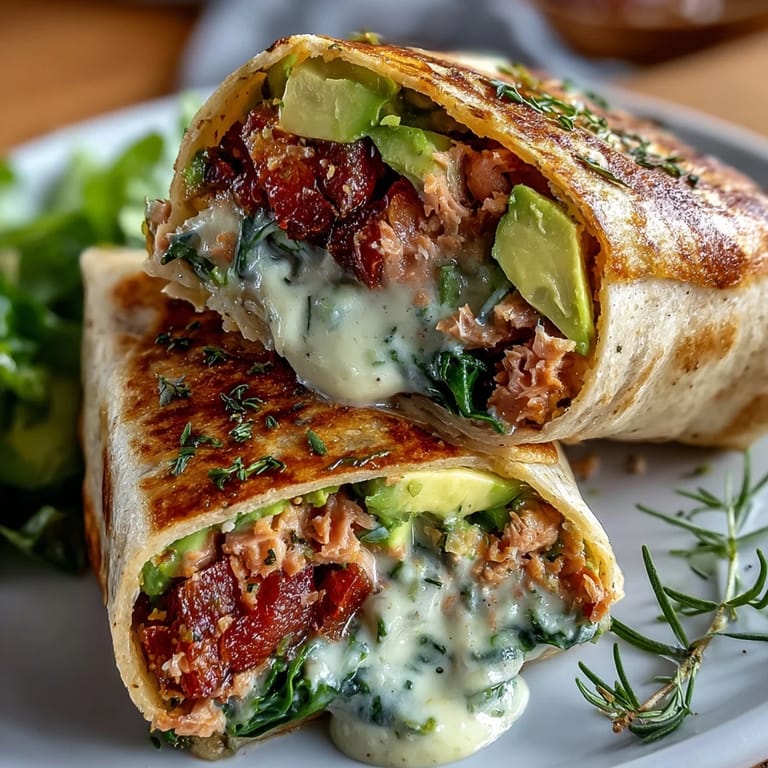 Protein-packed tuna avocado wraps with creamy texture, spinach, and whole wheat tortillas, ideal for a nutritious midday meal.
