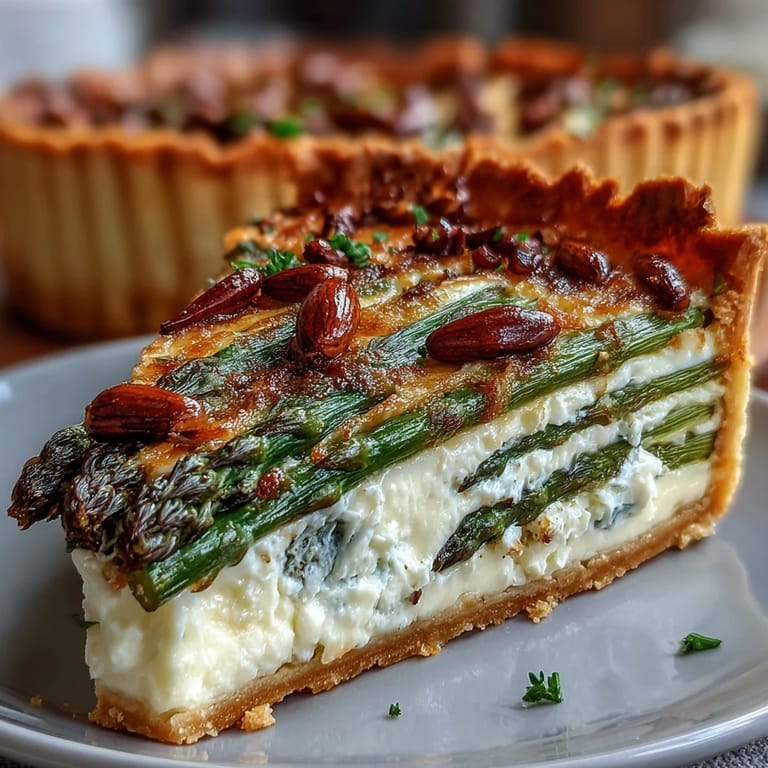 Flaky puff pastry tart filled with creamy cheese and tender asparagus, garnished with herbs and pine nuts for a fresh spring appetizer.