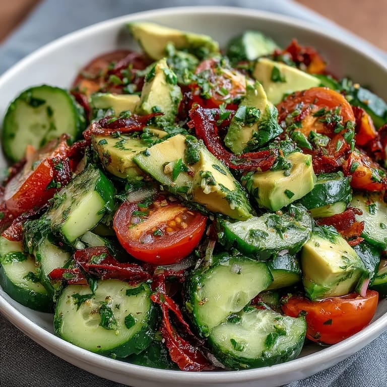 Vibrant cucumber, tomato, and avocado salad with bright lemon dressing, perfect for a light meal.