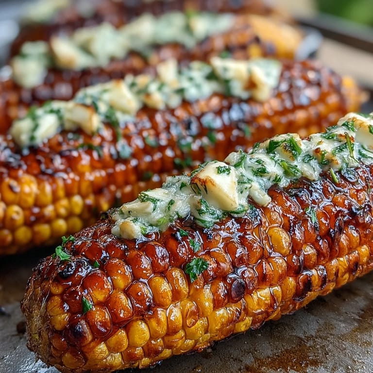 Sweet corn grilled in foil, slathered with herb butter, charred to perfection for a savory summer side.