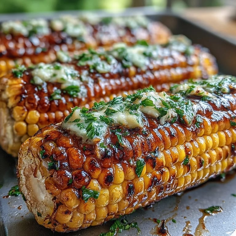 Juicy corn on the cob wrapped in foil, coated with garlic herb butter, ready for the BBQ.