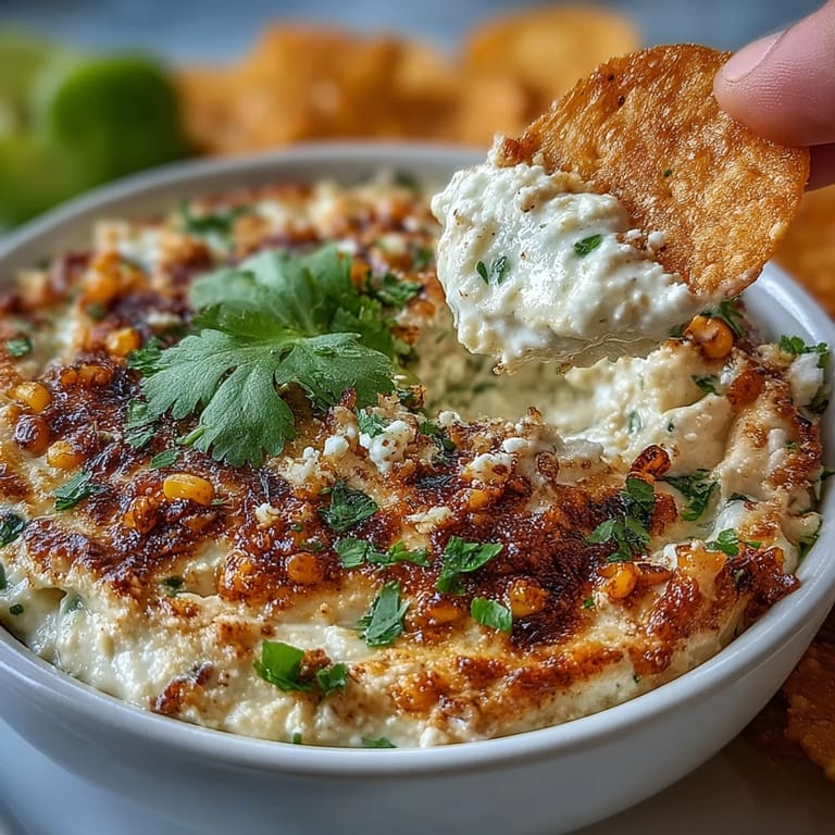 Smoky, tangy elote dip featuring grilled corn, spicy jalapeño, and fresh cilantro, perfect for scooping with tortilla chips.