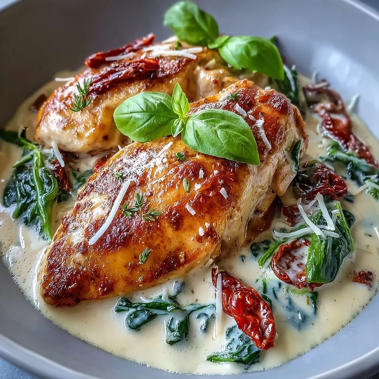 Comforting Creamy Tuscan Chicken featuring tender chicken in a Parmesan cream sauce, accented by sun-dried tomatoes and fresh spinach.