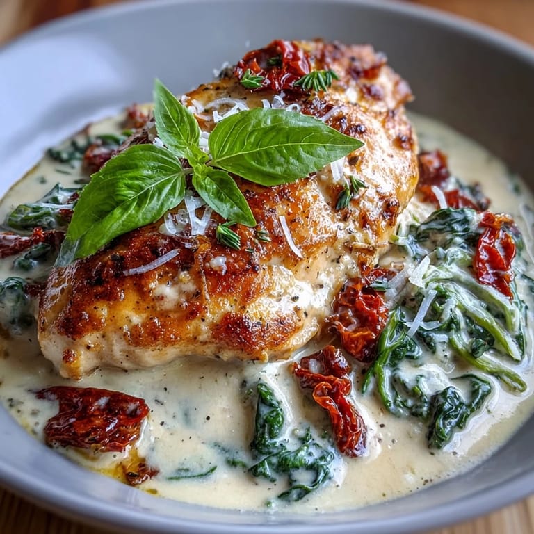 Golden seared chicken breasts simmered in a velvety cream sauce with spinach and sun-dried tomatoes, perfect for dinner.  