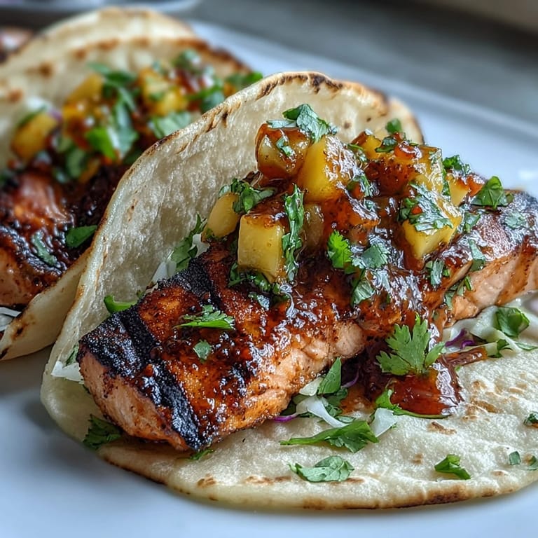 Vibrant grilled salmon tacos topped with juicy mango salsa, fresh cilantro, and crunchy cabbage.