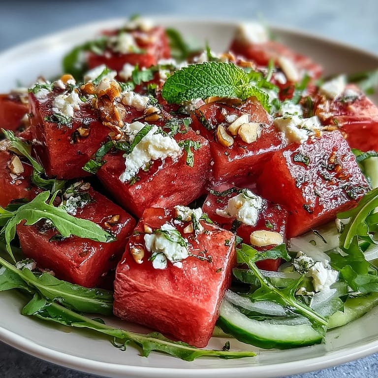 Colorful watermelon and arugula salad topped with creamy feta and crunchy pistachios, served as a light and healthy vegetarian dish perfect for warm weather.
