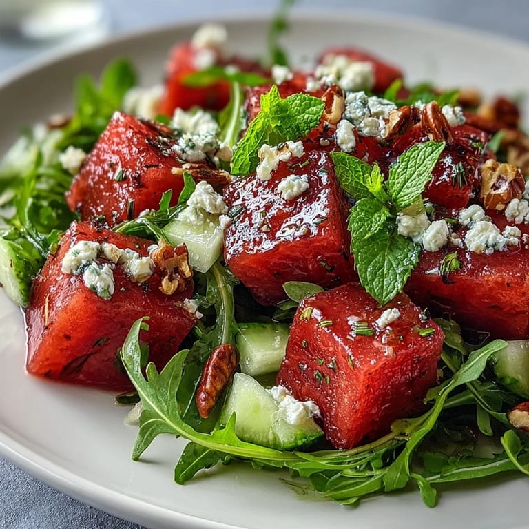 Juicy watermelon cubes mixed with peppery arugula, red onion, and fresh mint, finished with zesty lime dressing for a bright, flavorful salad.