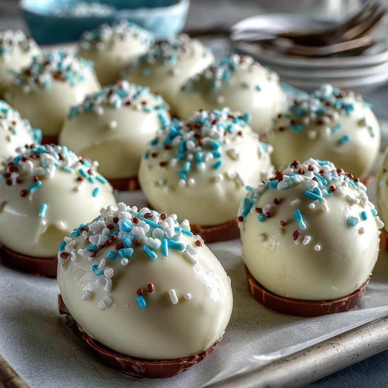 White chocolate-covered peanut butter Easter eggs decorated with colorful sprinkles are a delightful holiday treat.