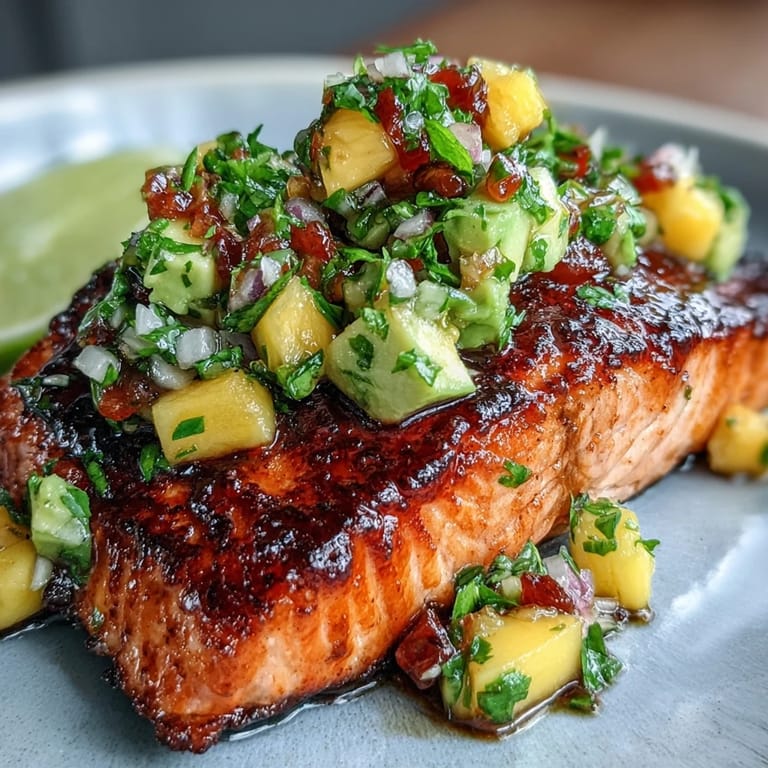 Golden baked salmon paired with vibrant mango avocado salsa, a refreshing and nutritious summer dish.