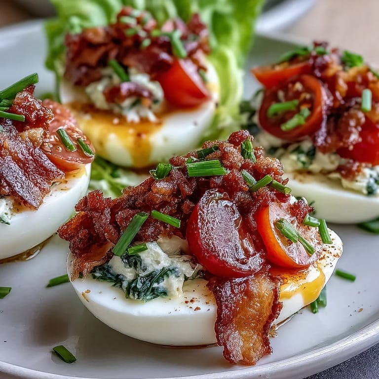 Classic deviled eggs transformed with tangy filling, juicy tomatoes, and smoky bacon for a BLT-inspired bite.