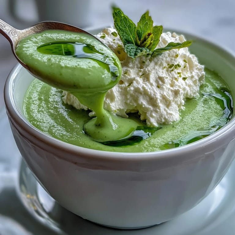 Velvety pea soup beautifully topped with fluffy ricotta and fresh mint oil garnish.