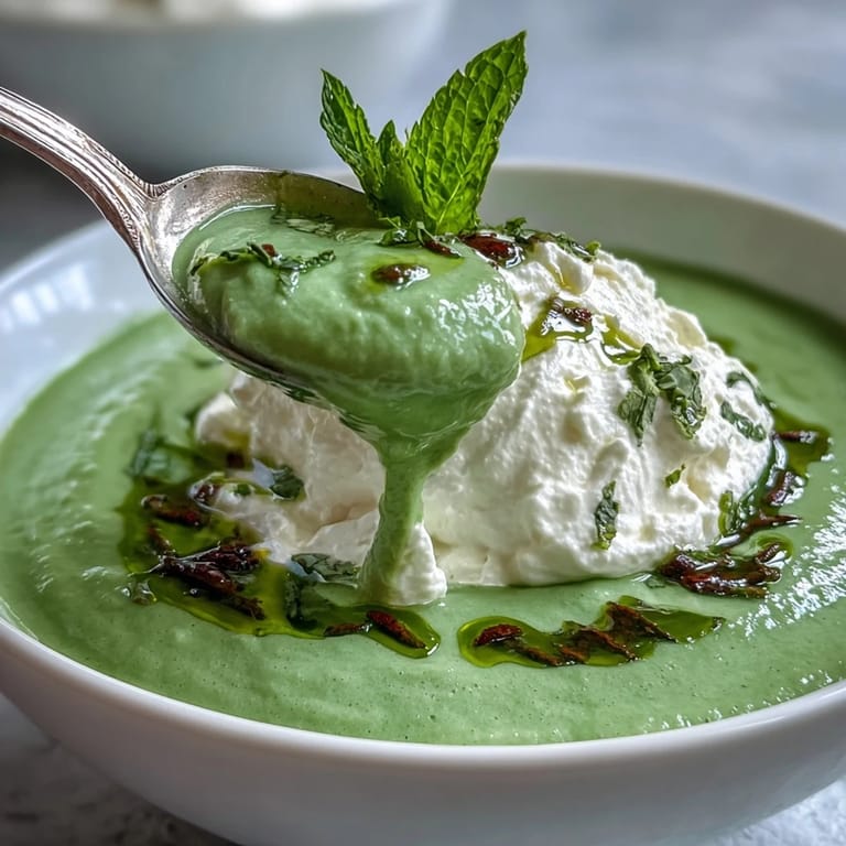 Seasonal spring pea soup with a dollop of airy whipped ricotta and bright mint.