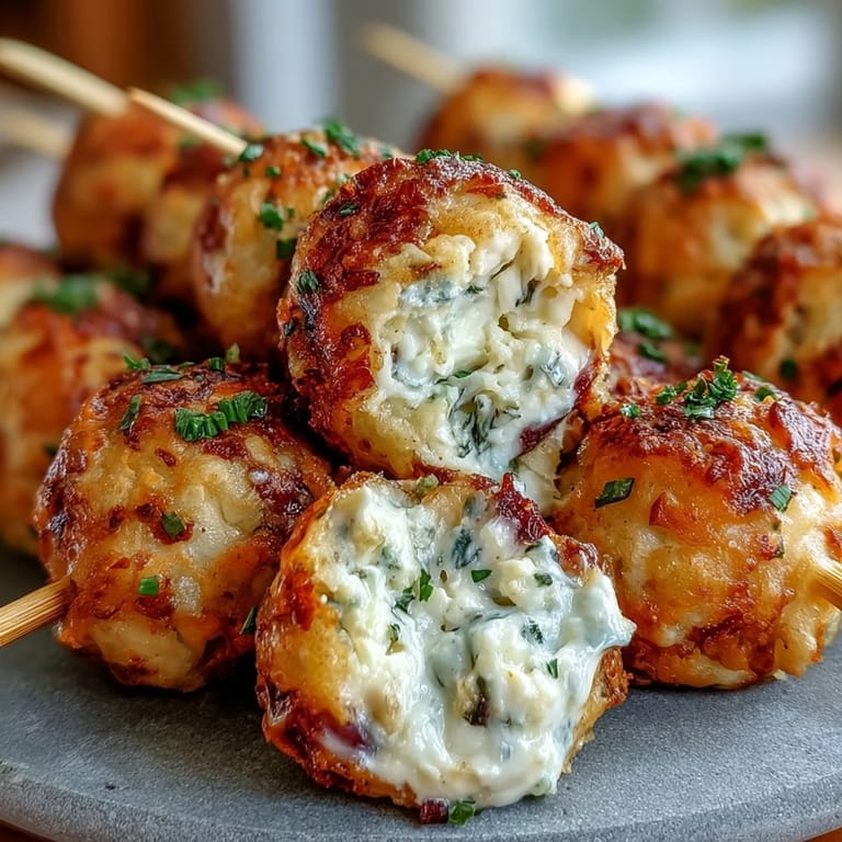 Savory stuffed olive cheese balls baked golden, presented on skewers for easy serving.