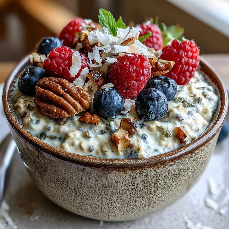 Creamy high fiber overnight oats topped with vibrant mixed berries and seeds.