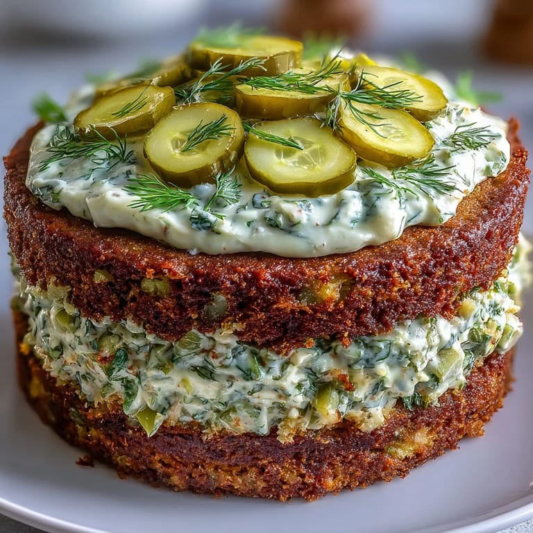 Moist Pickle Cake layers topped with a generous, creamy dill frosting for a surprise.
