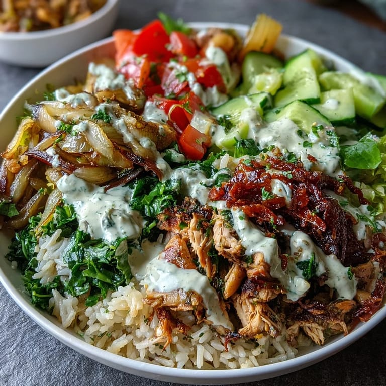 Generous Middle Eastern Shawarma Bowl packed with spiced chicken and vibrant, crisp toppings.