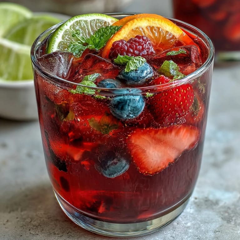 Refreshing Iced Hibiscus Berry Tea, bursting with fresh berries and citrus slices.