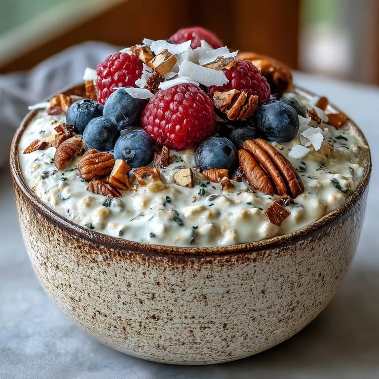 Flax and chia seed-infused overnight oats, bursting with fresh berry flavors.