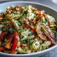 Sautéed Cooked and Loved Cabbage Salad with crisp vegetables and toasted walnuts served warm in a white bowl.