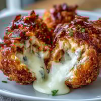 Golden-brown Buffalo Chicken Bacon Mozzarella Bombs resting on a platter with ranch dip, showing melted cheese and crispy panko coating.