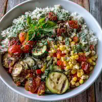 Fresh sautéed Summer Vegetable Bowl with zucchini, tomatoes, and sweet corn over fluffy rice, topped with fragrant basil.
