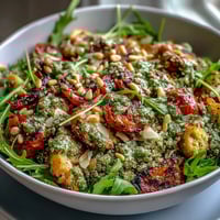 Freshly roasted vegetables and fluffy quinoa topped with peppery Arugula Pesto Bowl and shaved Parmesan.