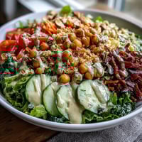 A vibrant Mixed Greens Power Bowl with chickpeas, cherry tomatoes, avocado, and crunchy nuts, ready to serve.