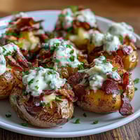 BBQ Baby Shower Loaded Baked Potato Salad with smoky bacon, cheddar cheese, and fresh herbs in a creamy BBQ dressing.  