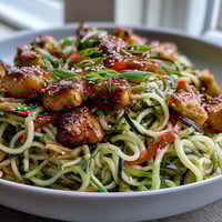 Healthy Easy Zucchini Noodle Stir Fry with Chicken: colorful plate of tender chicken and spiralized zucchini tossed with vibrant vegetables in a savory Asian sauce.