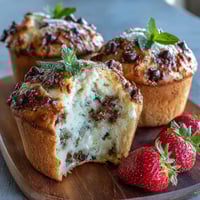 Fresh strawberry muffins studded with creamy white chocolate chips, golden and fluffy, perfect for a sweet breakfast treat.