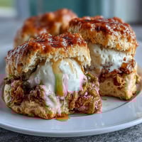 Golden scones speckled with dandelion petals and drizzled with honey, served warm with a generous dollop of clotted cream.