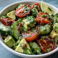 Fresh cucumber tomato avocado salad with lemon dressing, a colorful and healthy summer side dish.  