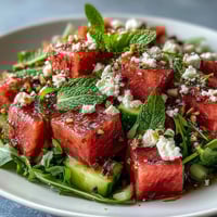 A vibrant bowl of watermelon and arugula salad with feta, cucumber, and mint, dressed in tangy lime vinaigrette for a refreshing summer meal.