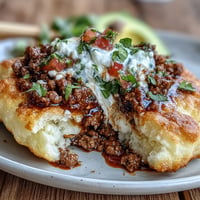 Savory cloud bread tacos filled with seasoned taco meat and fresh pico de gallo.