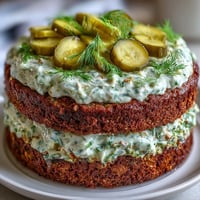 Savory Pickle Cake with dill cream frosting, a unique appetizer with tangy notes.