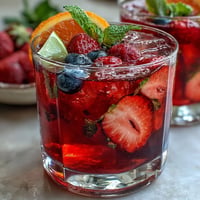 Close-up of vibrant Iced Hibiscus Berry Tea with colorful fruit garnish.